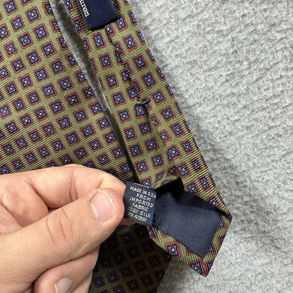 Vintage Polo Ralph Lauren Necktie Silk Geometric Foulard Olive Green Blue USA